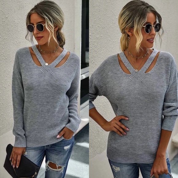 Cut Out Knit Solid Sweater- BLUE - Picture 6 of 12